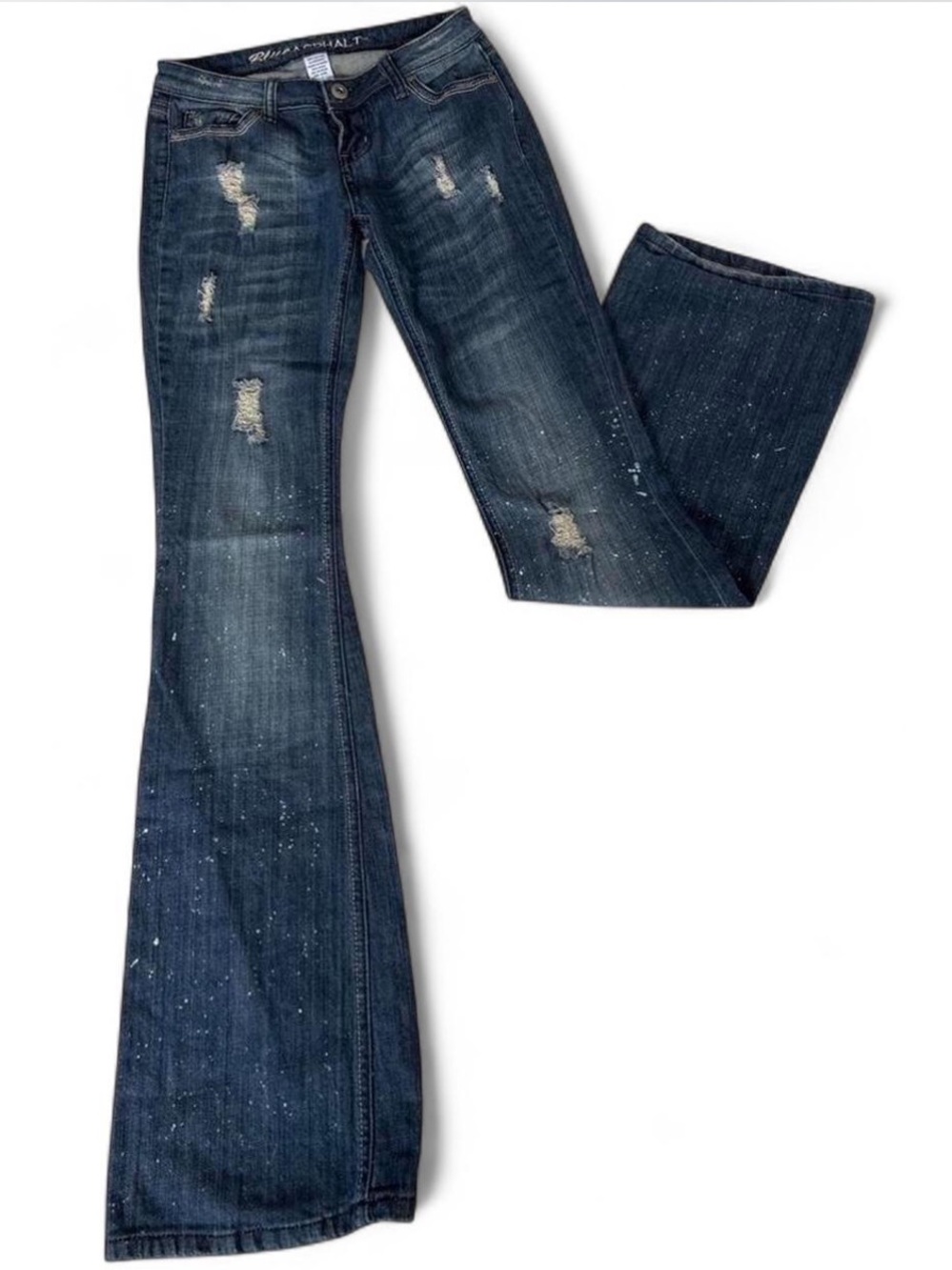 Y2K Low Rise Flare Jeans Denim Paint Splatter Distressed Cyber Grunge Vintage